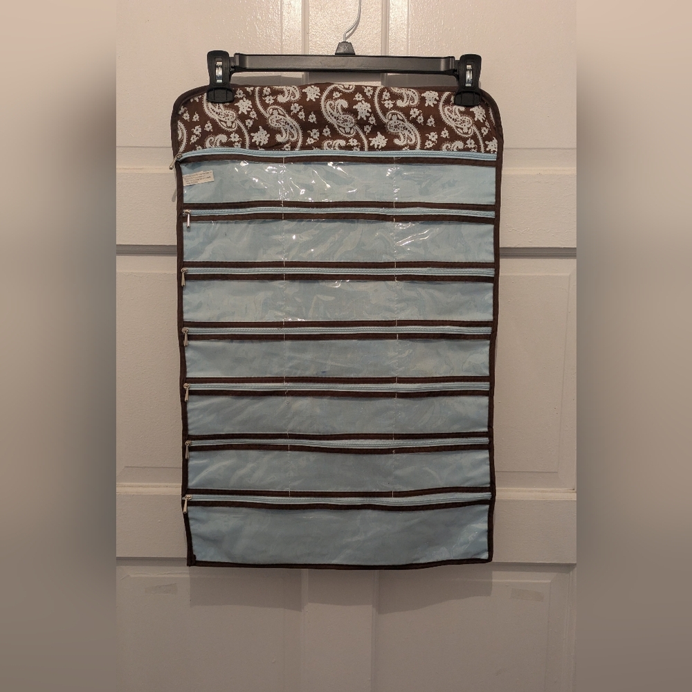 Organizer Jewelry Hanging Brown Blue Print 25" Length 17" Width 39 Compartments